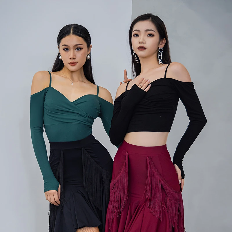 YES拉丁舞国标舞女款跳舞上衣舞服春夏新款舞衣露肩长袖吊带YD186