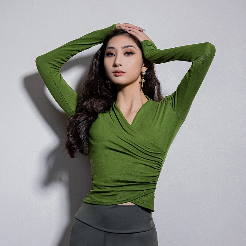 拉丁舞练功服女成年长袖上衣基础练功服显瘦修身跳舞上衣YD274