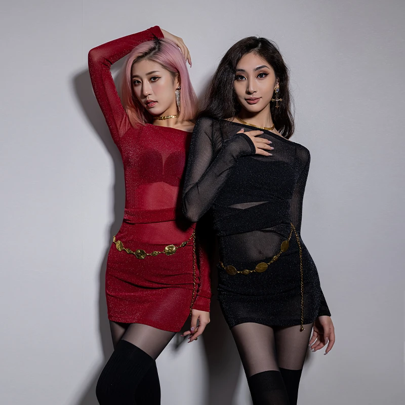 YES拉丁舞练功裙女包身连衣裙长袖练功服性感显瘦连衣裙YD261