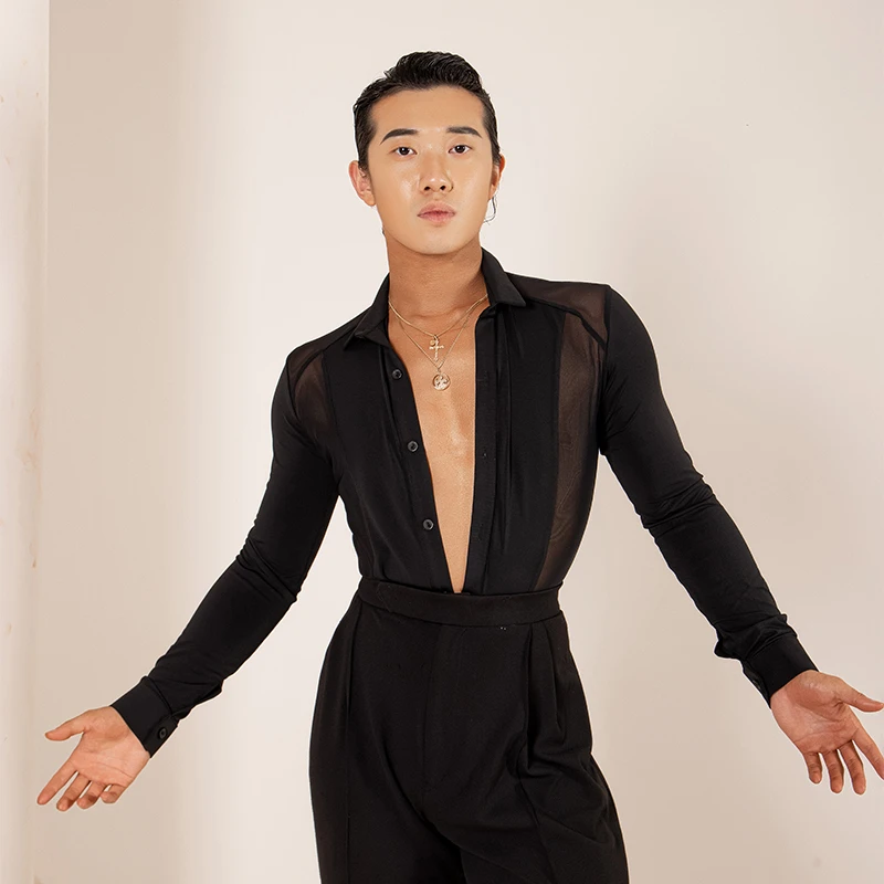 YES拉丁舞服男士舞服练功服国标舞上衣比赛表演舞衣连体衬衫YD141