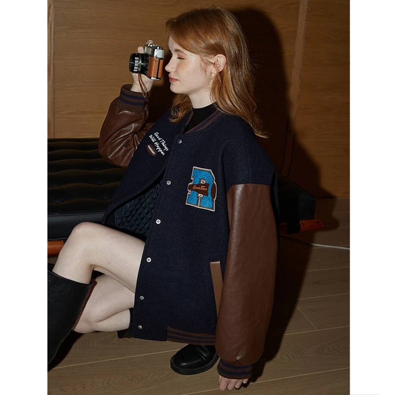 库恩玛维宽松ins港风棉服女2023年冬新款oversize毛呢拼接棒球服