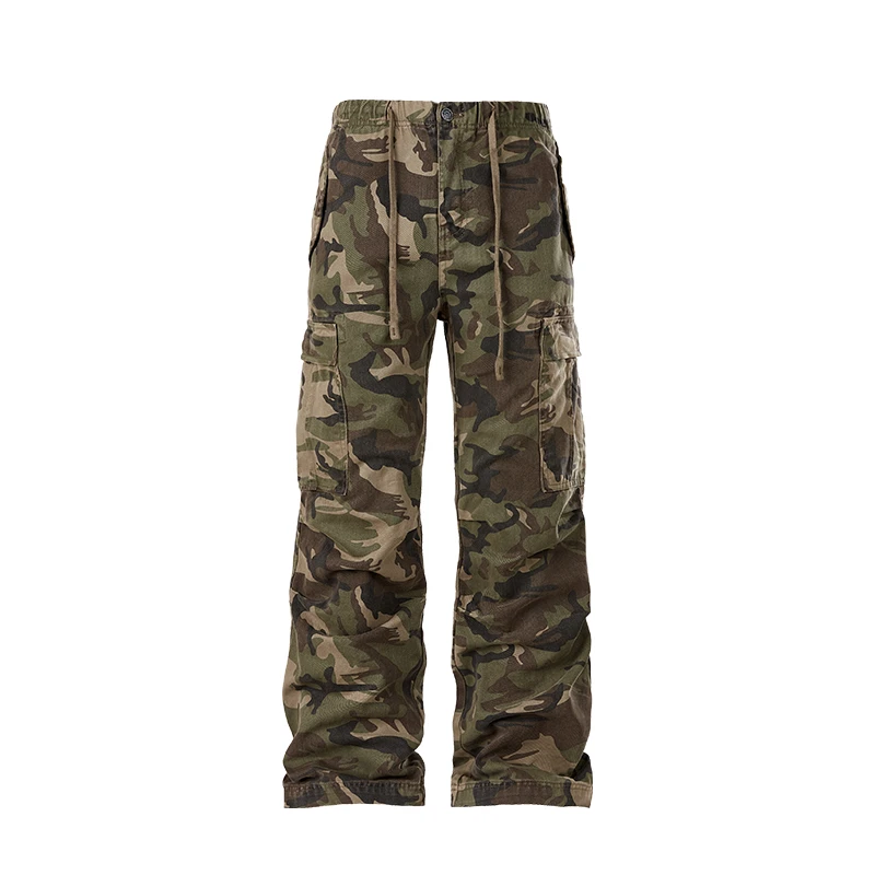 Forfearthat 复古街头风迷彩裤男美式高街伞兵裤工装微喇叭长裤子
