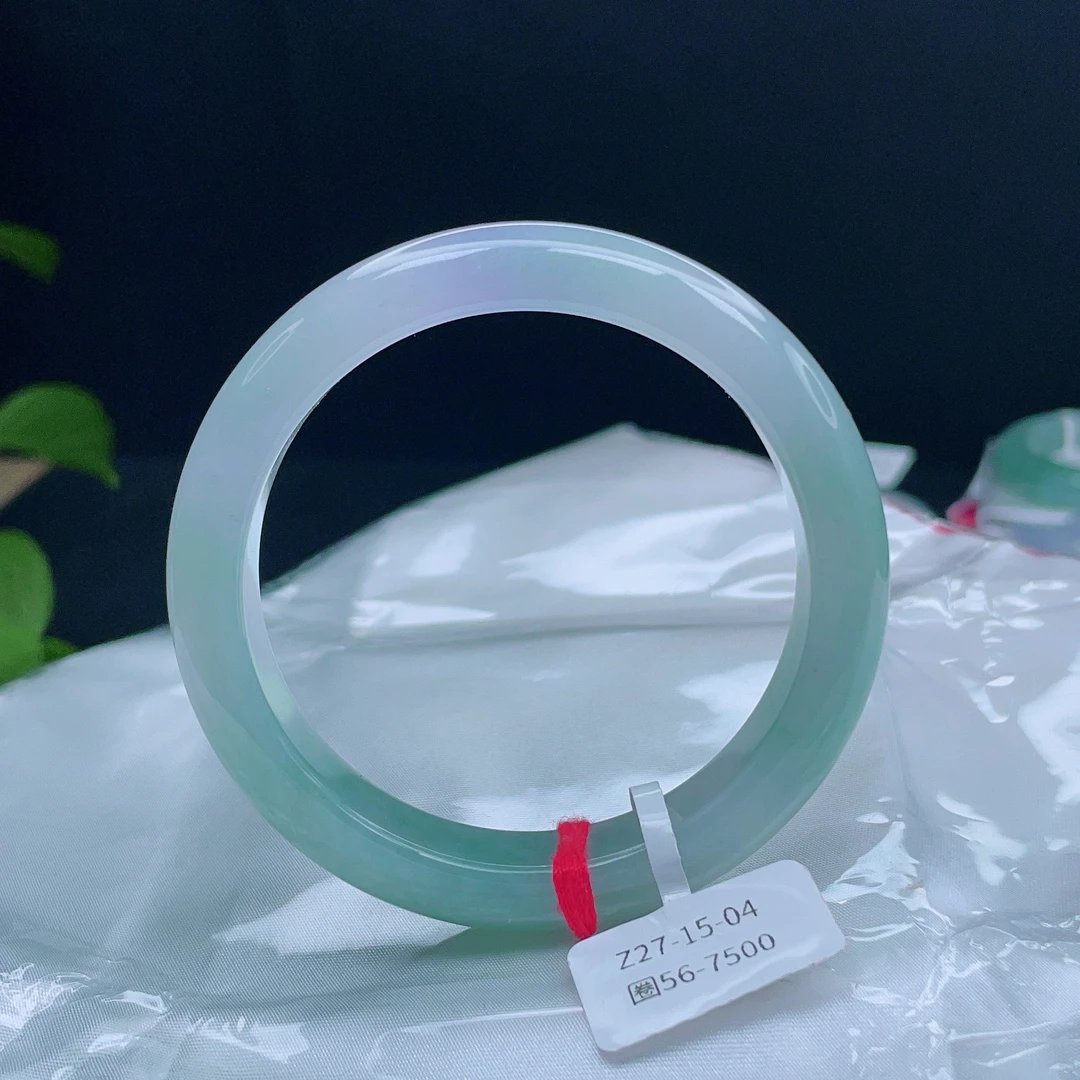 天然翡翠A货56圈冰种绿底带紫宽边镯底妆细腻时尚少女款玉镯子