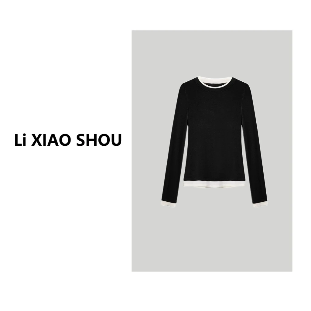 本摩格春新款拼接简约打底气质百搭时尚柔软圆领休闲上衣女083D