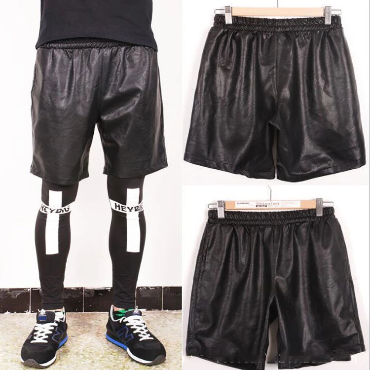pu皮短裤男韩版潮黑色松紧五分皮裤男士宽松薄款嘻哈休闲运动批发