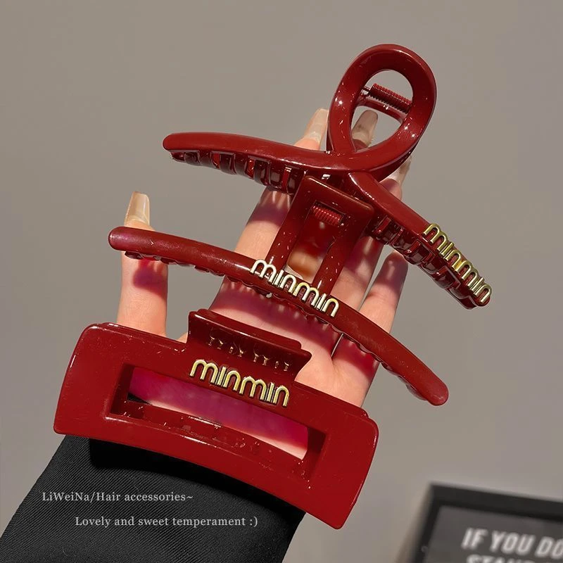 法式红色字母发夹后脑勺盘发抓夹女夏季鲨鱼夹子头饰网红气质发卡