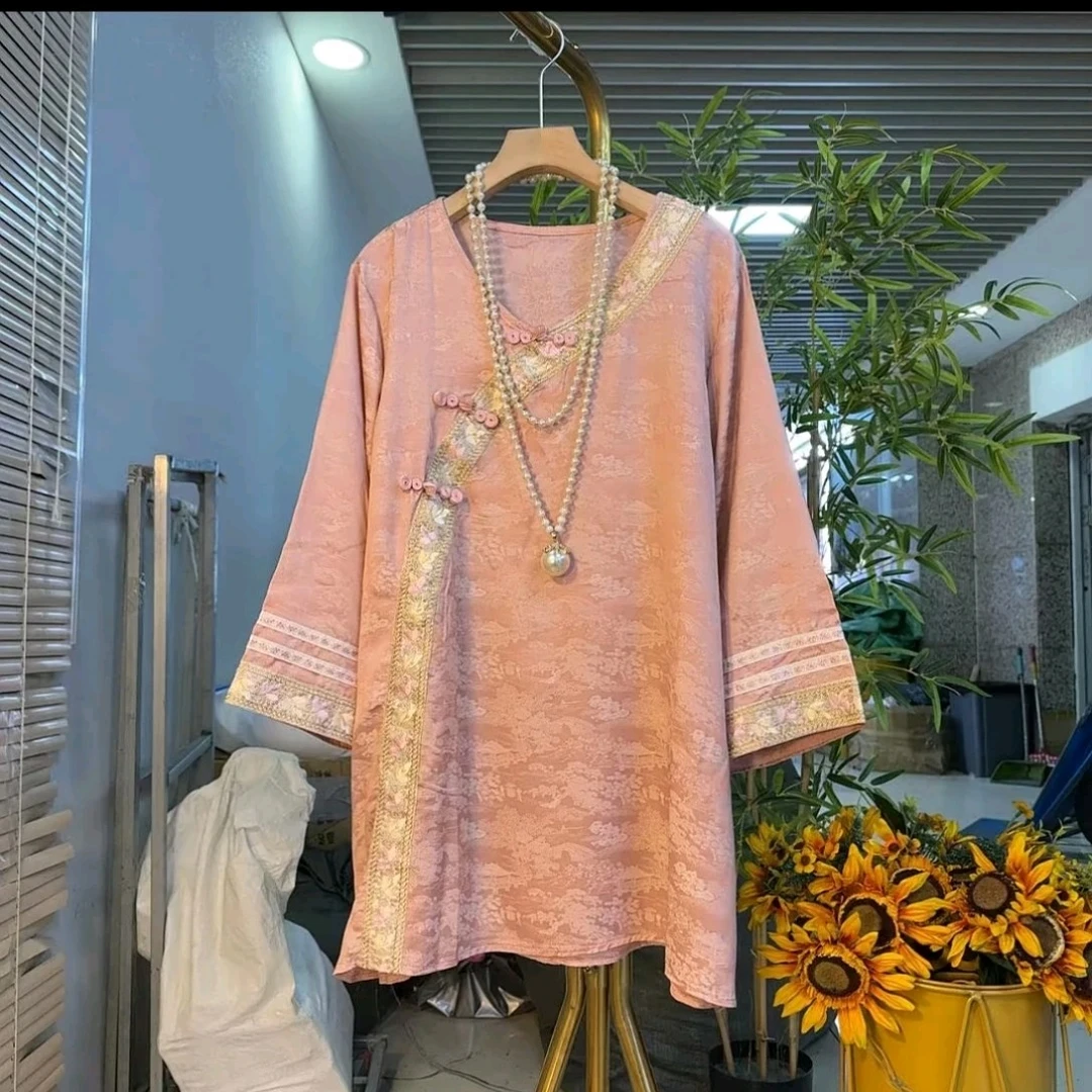 芃芃5062春季新款大码新中式国风斜襟盘扣提花雪纺衫长袖上衣