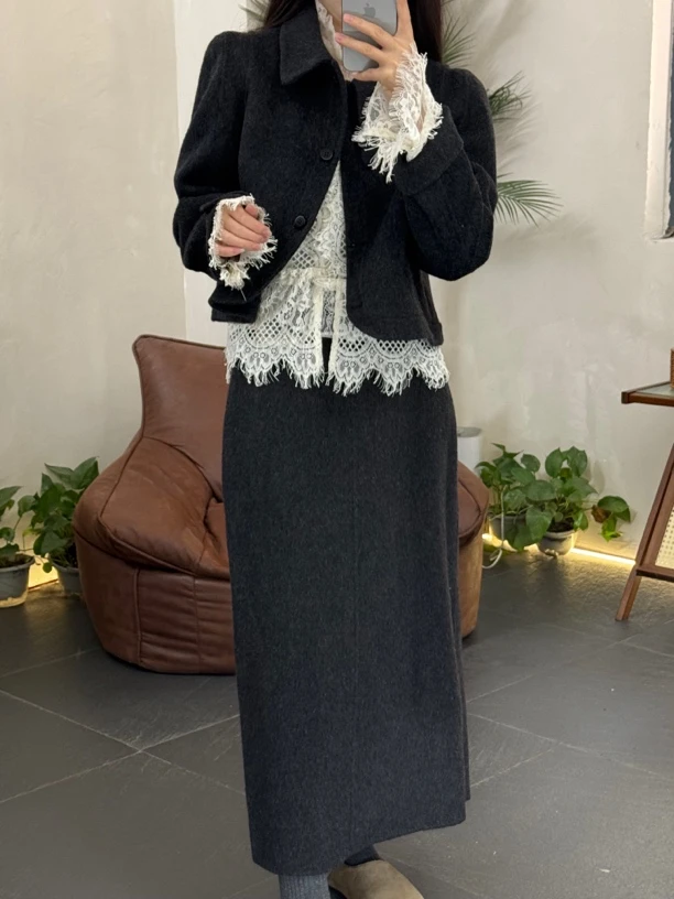 1109#新款显瘦羊毛外套+半身裙套装时髦秋冬款（搭配刷子）