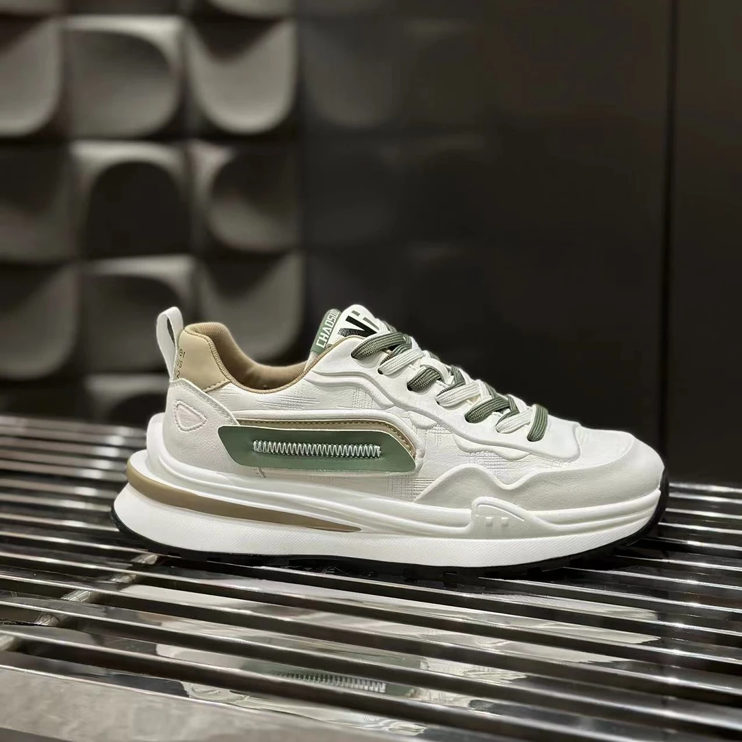 男鞋2024新款秋季透气皮面华夫鞋潮流厚底增高鞋百搭运动休闲鞋子