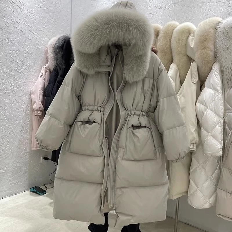 波司断码反季羽绒服女中长款冬韩版大毛领加厚宽松收腰过膝外套清