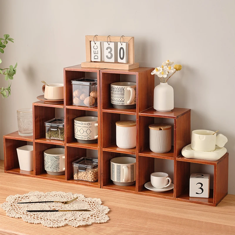 复古实木墙上多宝阁茶具茶杯置物架收纳柜茶包置物架多格子架家用