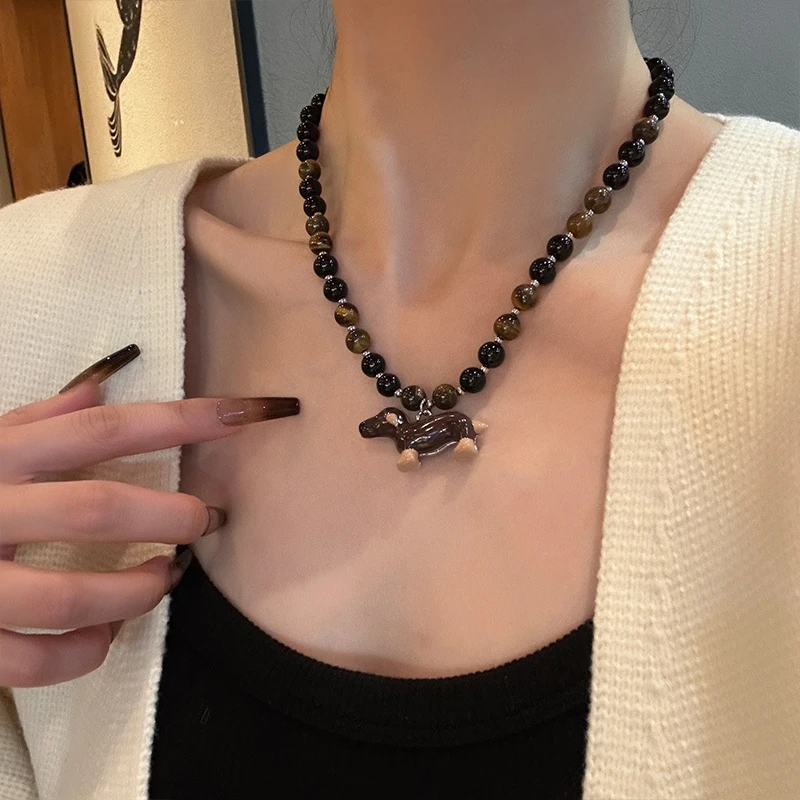 oushipei/欧诗佩 铜合金陶瓷项链 可爱卡通立体腊肠狗串珠项链