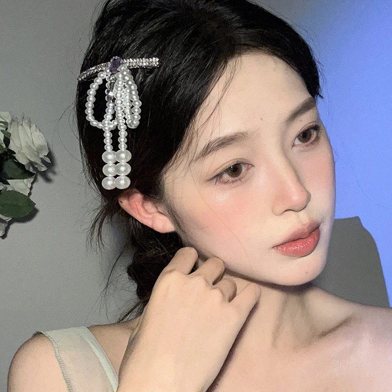 oushipei/欧诗佩月光紫色水钻蝴蝶结发夹女高级感侧边发卡弹簧夹