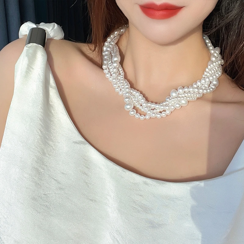 oushipei/欧诗佩 铜合金仿珍珠项链 多层巴洛克项链珍珠锁骨项链