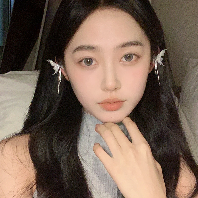 oushipei/欧诗佩 铜合金合成锆石耳饰 气质网纱蝴蝶流苏耳夹女