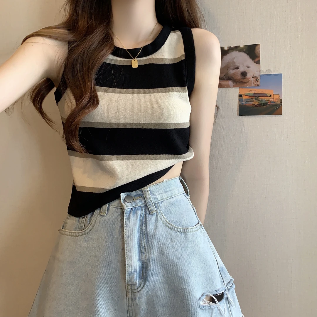 2024夏季新款条纹针织背心女修身无袖短款上衣内搭打底衫春秋爆款