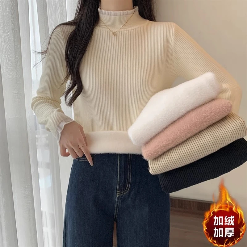 加绒加厚毛衣女秋冬内搭慵懒蕾丝花边洋气水貂一体绒半高领打底衫