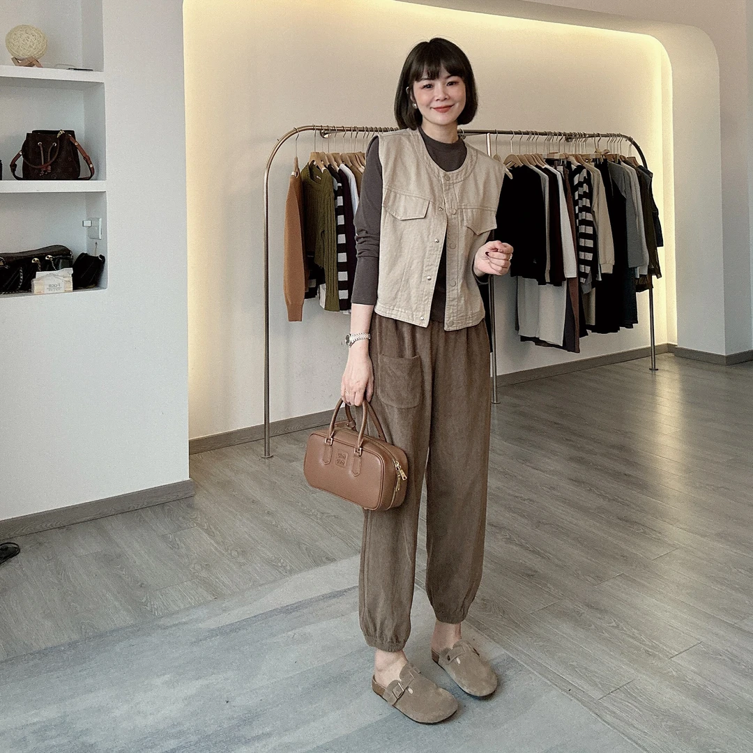 高级感宽松显瘦松紧腰口袋设计感百搭束脚裤灯芯绒九分裤