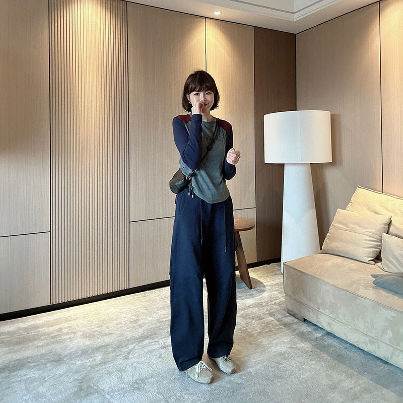 秋季时尚宽松显瘦立体裁剪松紧腰休闲裤弯刀裤