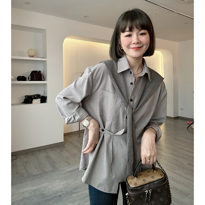 设计感斜扣不规则中长款条纹披肩休闲气质衬衫