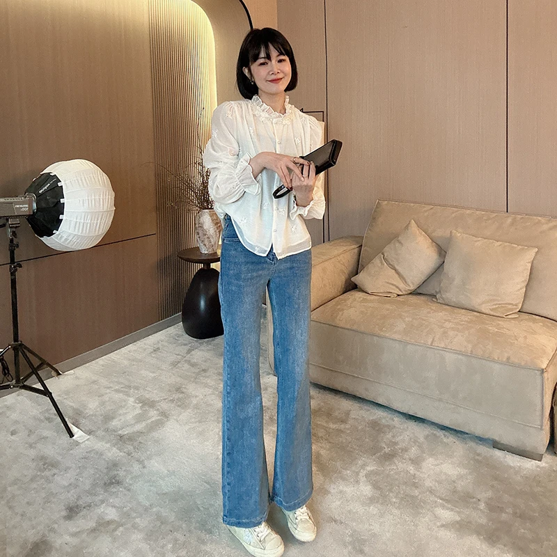 高腰显瘦微喇弹力牛仔裤直筒时尚设计感长裤