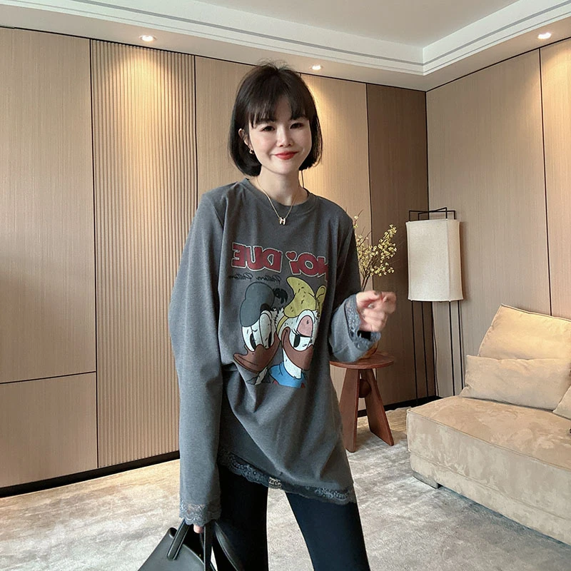 秋冬磨毛加厚蕾丝拼接卡通图案宽松显瘦中长款长袖T恤