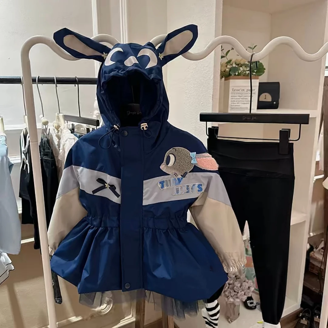 女童冲锋衣卡通外套春秋款2025新款洋气网红蓝色休闲百搭潮流