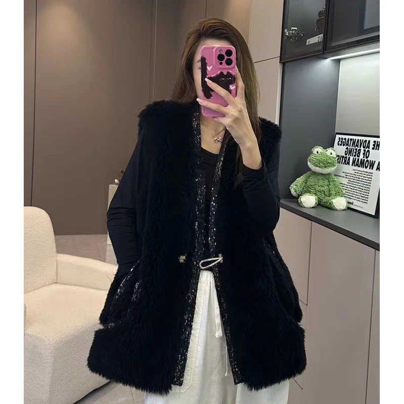 【所姿】新款秋冬亮片百搭加厚时尚宽松女士羊毛外套SZ-23212
