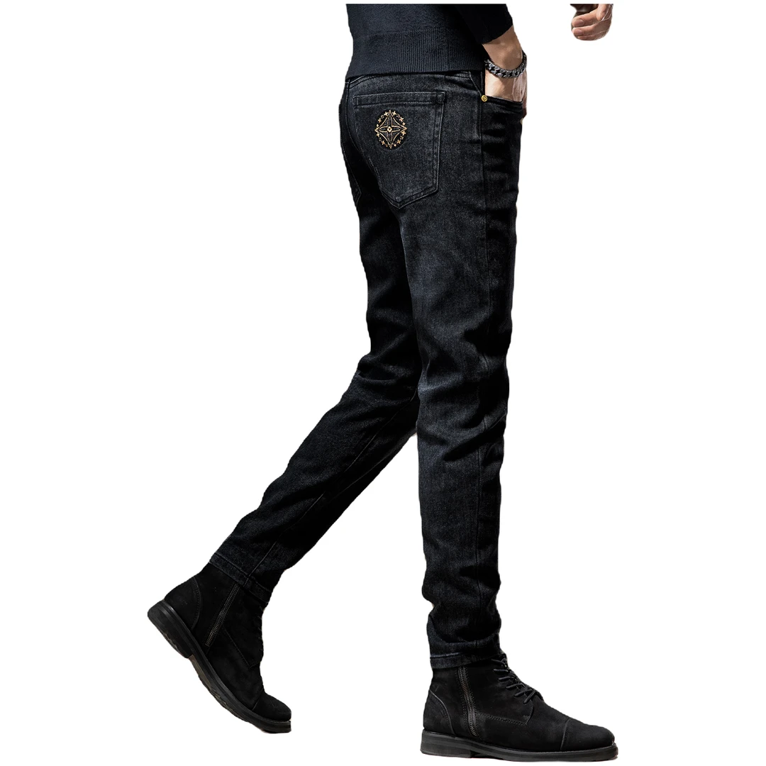 LUYEWEGER/路约威格秋冬高端刺绣牛仔裤加绒弹力休闲修身小直筒裤