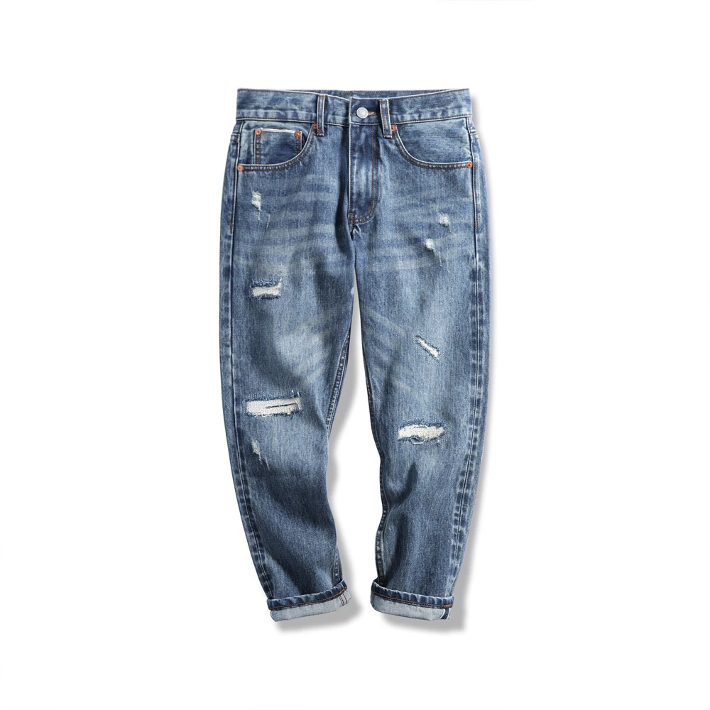 路约威格男士夏季薄款九分牛仔裤宽松破洞赤耳裤锥形水洗小脚裤潮