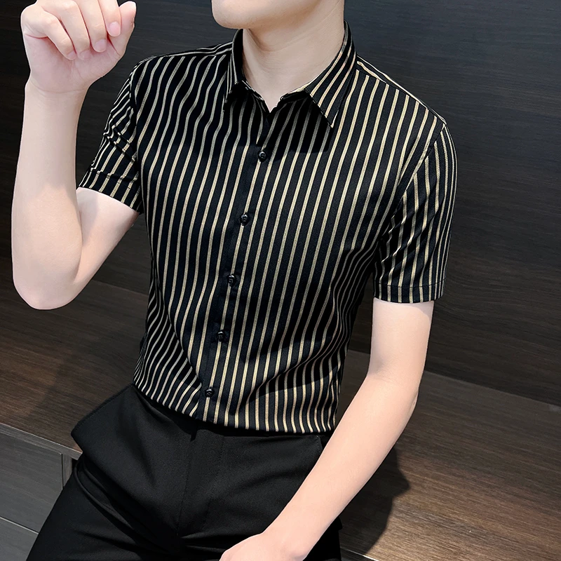 路约威格男士夏季条纹衬衫短袖薄款冰丝新款夏装商务正装休闲衬衣