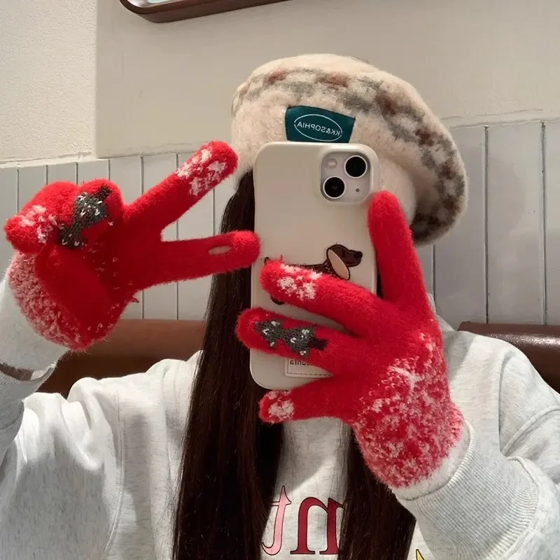 女士手套冬季露指加厚保暖可爱学生防寒毛线可触屏圣诞树手套xy
