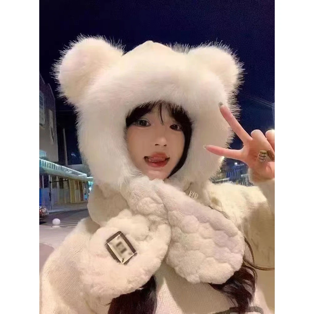 小熊毛绒帽子围巾一体女秋冬季韩版显脸小百搭加厚保暖护耳雷锋帽