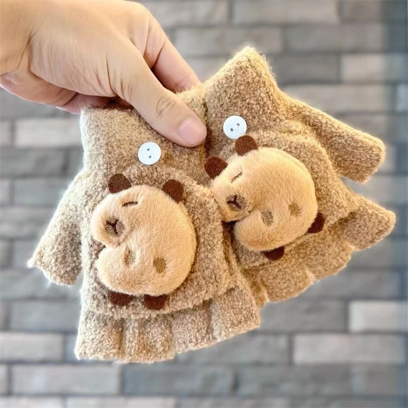卡皮巴拉儿童卡通手套保暖加绒加厚手套毛绒翻盖半指手套wd