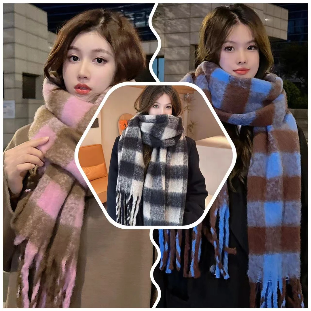 秋冬季时尚百搭针织围巾时尚百搭黑白格子情侣防寒保暖女