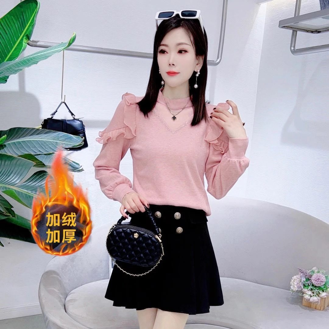 慧A7700镂空蕾丝拼接半高领打底衫冬季新款洋气套头内搭上衣