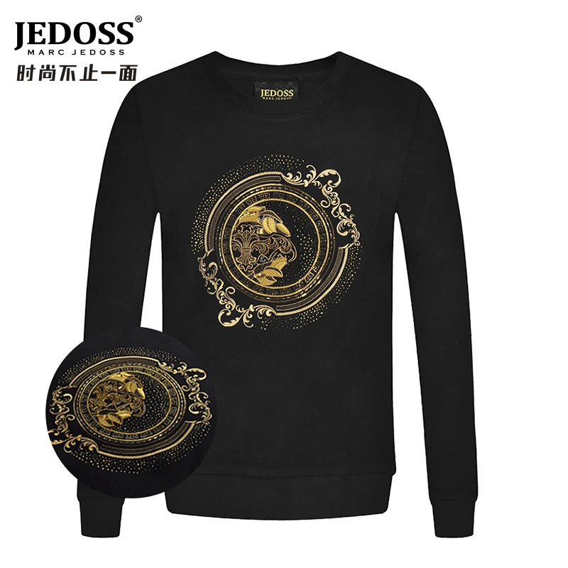 JEDOSS/爵迪斯潮牌男装秋冬新款经典烫钻胸图金线刺绣无帽卫衣116