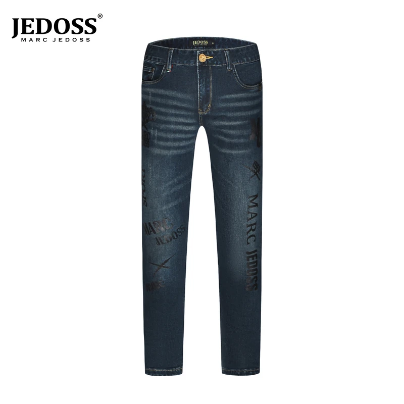 JEDOSS/爵迪斯秋上新潮牌男装蓝色直筒牛仔裤字母印花水洗长裤2SX