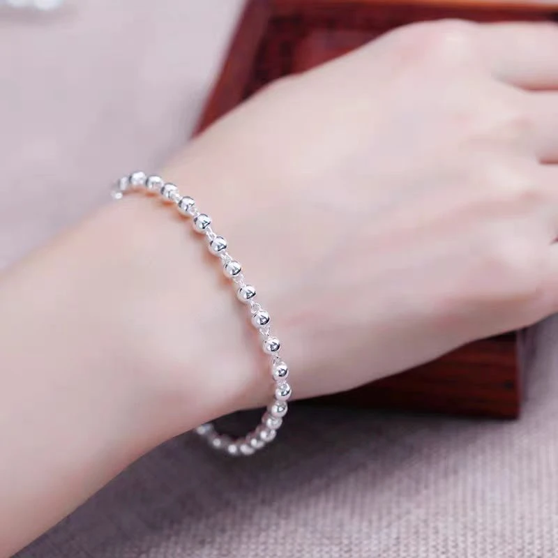 足银手链 足银手链 正品圆珠子光珠纯银手链时尚男女同款光面素款