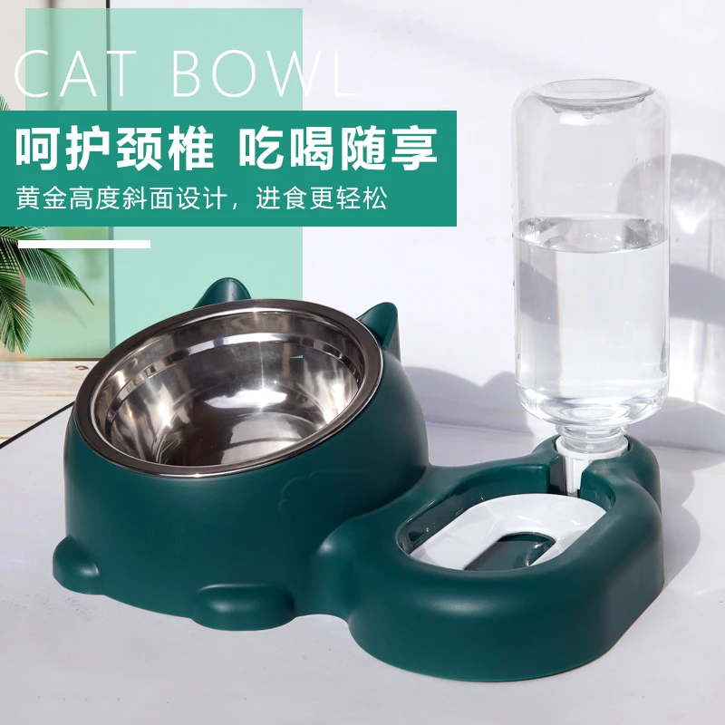猫碗狗碗自动饮水双碗加高倾斜护颈双碗猫食盆猫咪护颈碗饭盆可爱