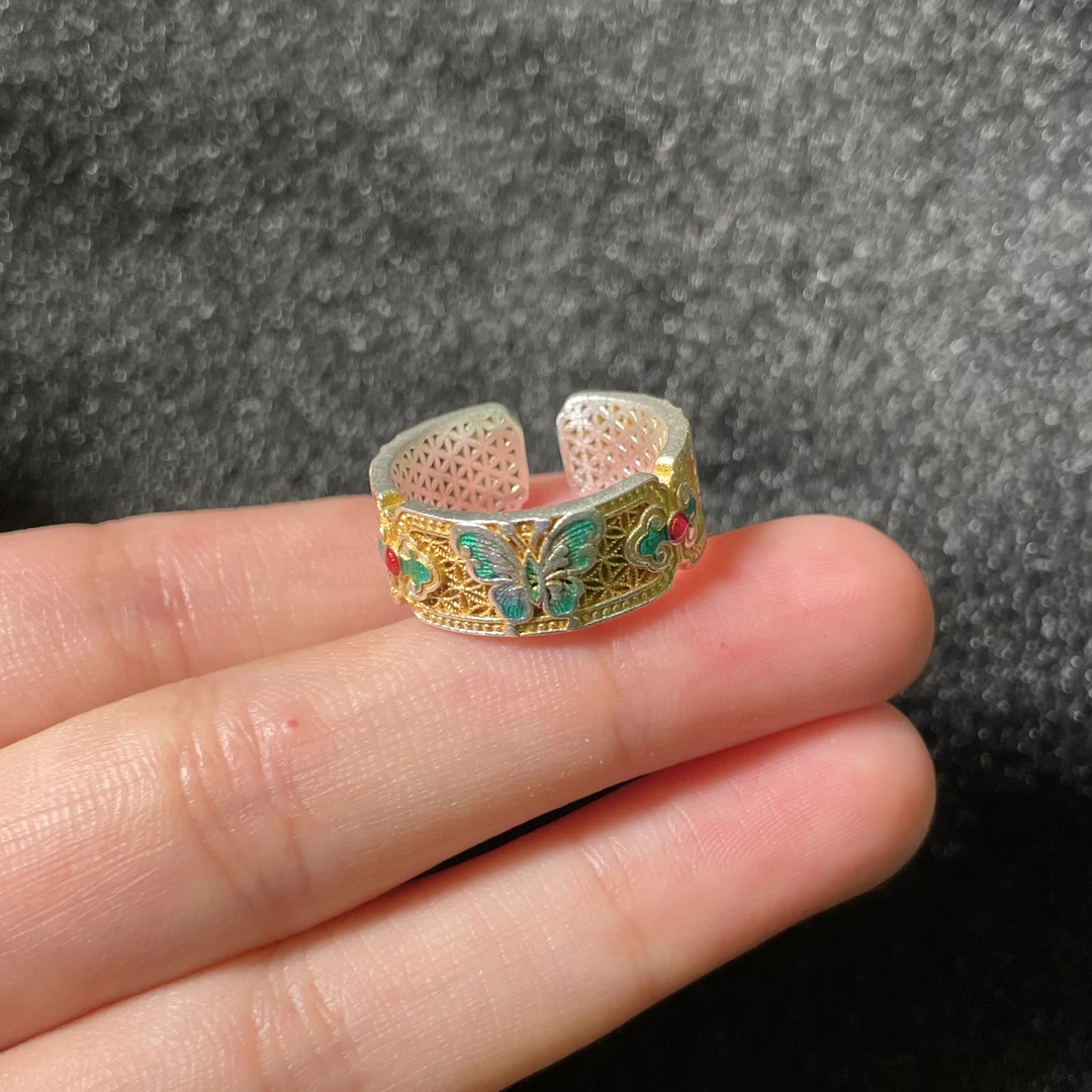 足银银制品 【闪闪珠宝】足银999.9描金珐琅蝴蝶戒指 CAN2780383