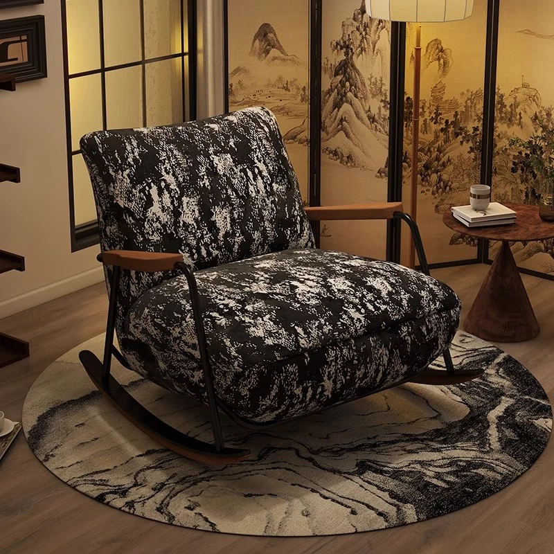 美物俪家水墨摇椅客厅单人沙发椅摇摇椅休闲阳台家用懒人躺椅复古