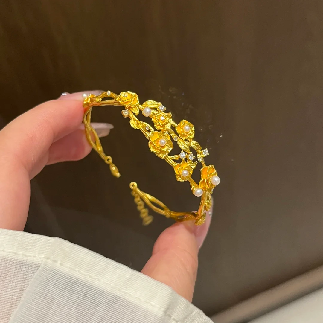 铜合金手镯 新款手工镶嵌手镯新中式神明花嫁手镯百搭精美饰品