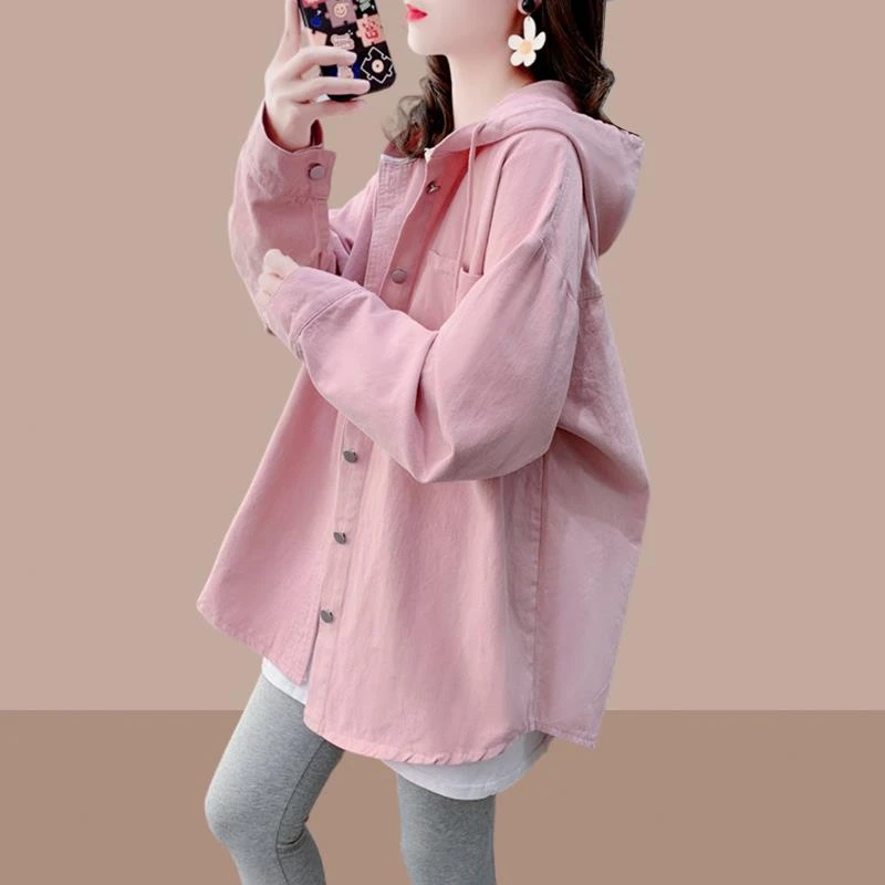 设计感纯色长袖连帽衬衫女春装2025年新款宽松大码中长款外套上衣