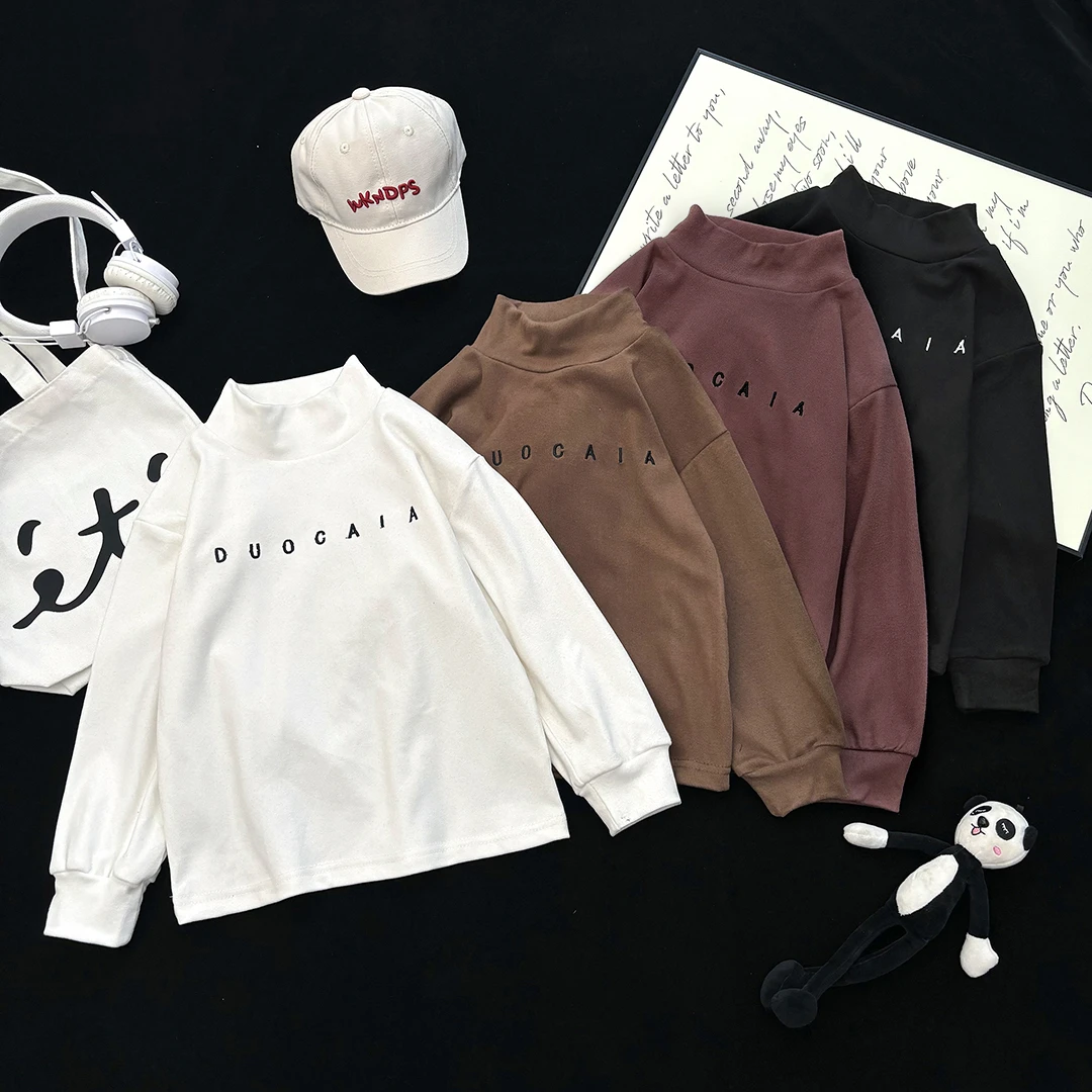 秋冬儿童德绒刺绣打底T恤韩版美拉德色中高领上衣男女童保暖