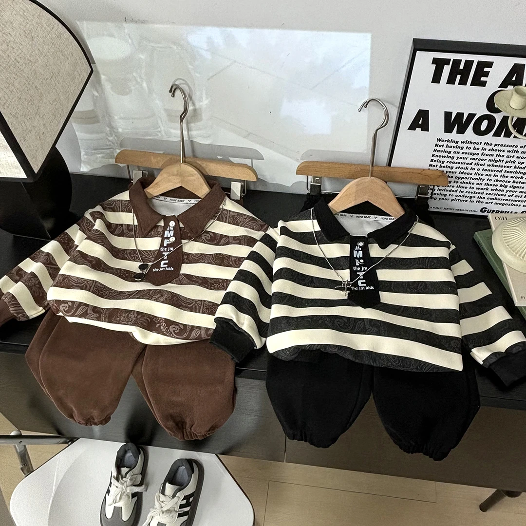 秋季儿童polo衫套装条纹腰果花韩版俩件套男中小童装运动洋气卫衣