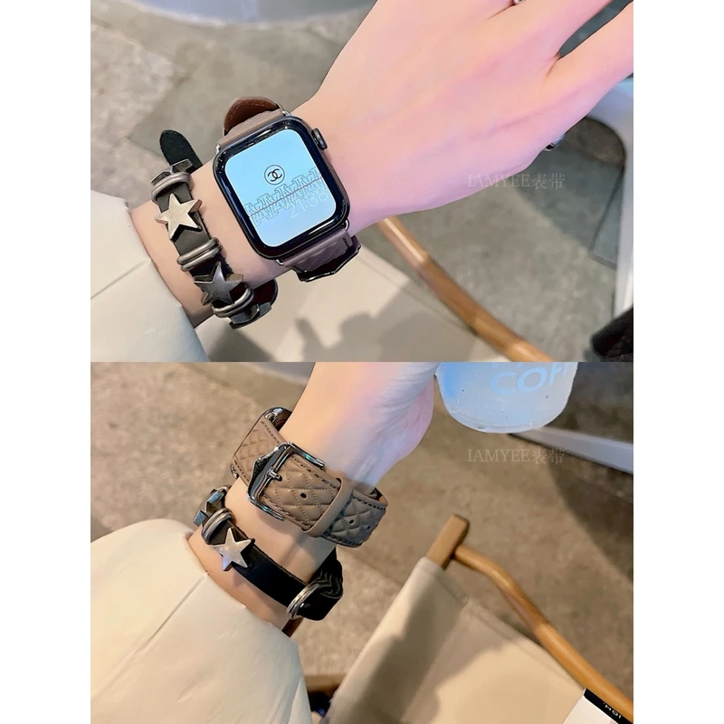 IAMYEE宽版菱格小香牛皮适用ApplewatchS7/S8代6543S9表带Iwatch
