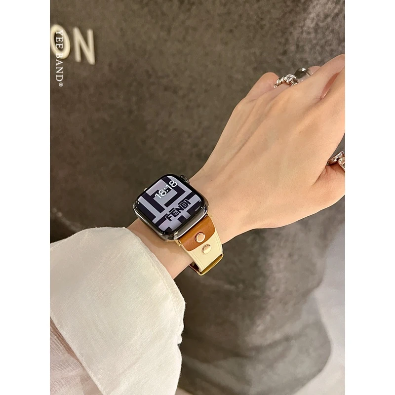 IAMYEE撞色钉高级感皮质表带适用applewatch45678代S8S9S10iwatch