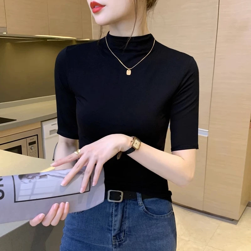 莫代尔半高领中袖t恤女春秋薄款韩版修身五分袖打底衫黑色ins上衣