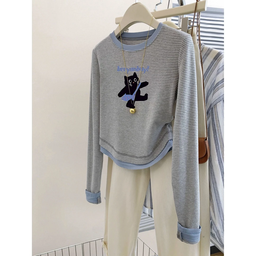 胖妹妹大码条纹假两件长袖t恤女春秋季显瘦打底衫小个子正肩上衣